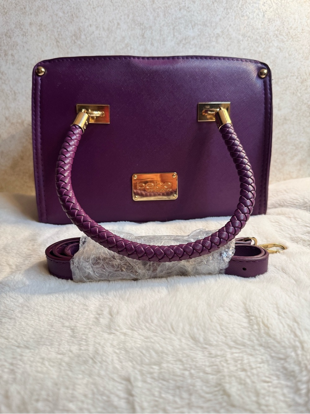 bebe Purple Braided-Handle Satchel with Gold Accents